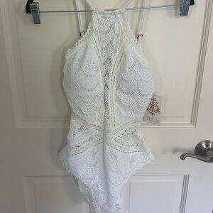 BECCA White Lace Halter One-Piece Swimsuit